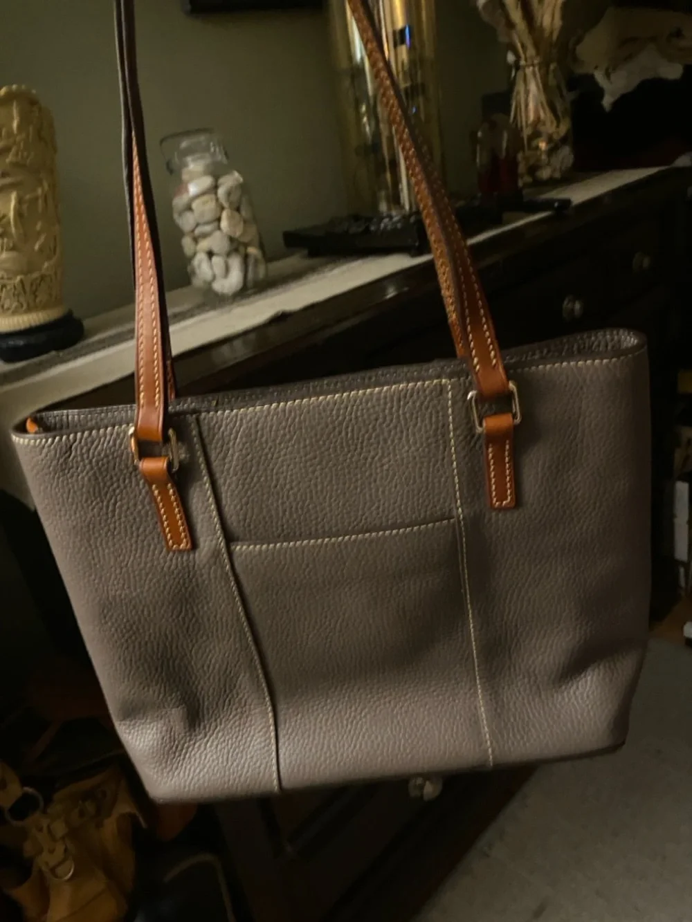 Dooney & Bourke Taupe Pebble Leather Tote with Brown Trim - Picture 6 of 6